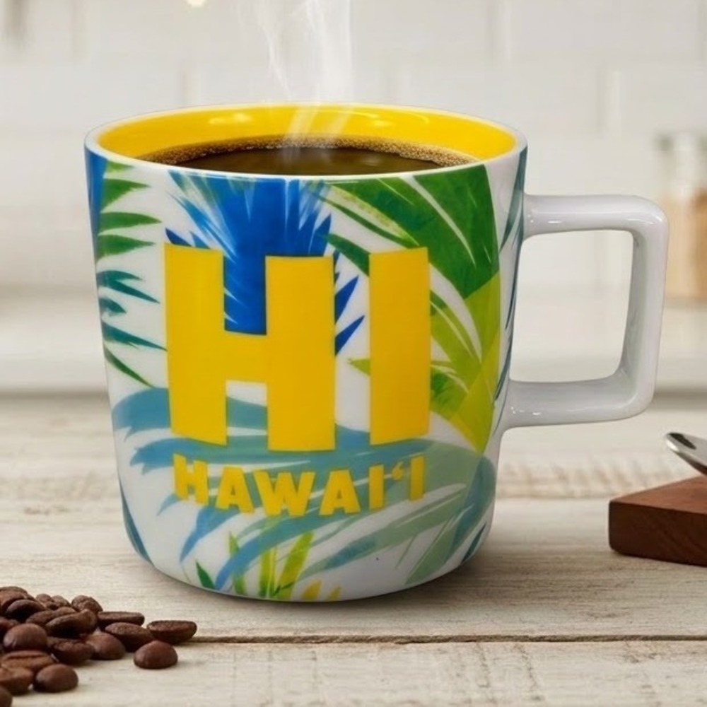 Starbucks Hawaii Local Collection Coffee Mug 14oz Palm Leaf Tropical Yellow Blue